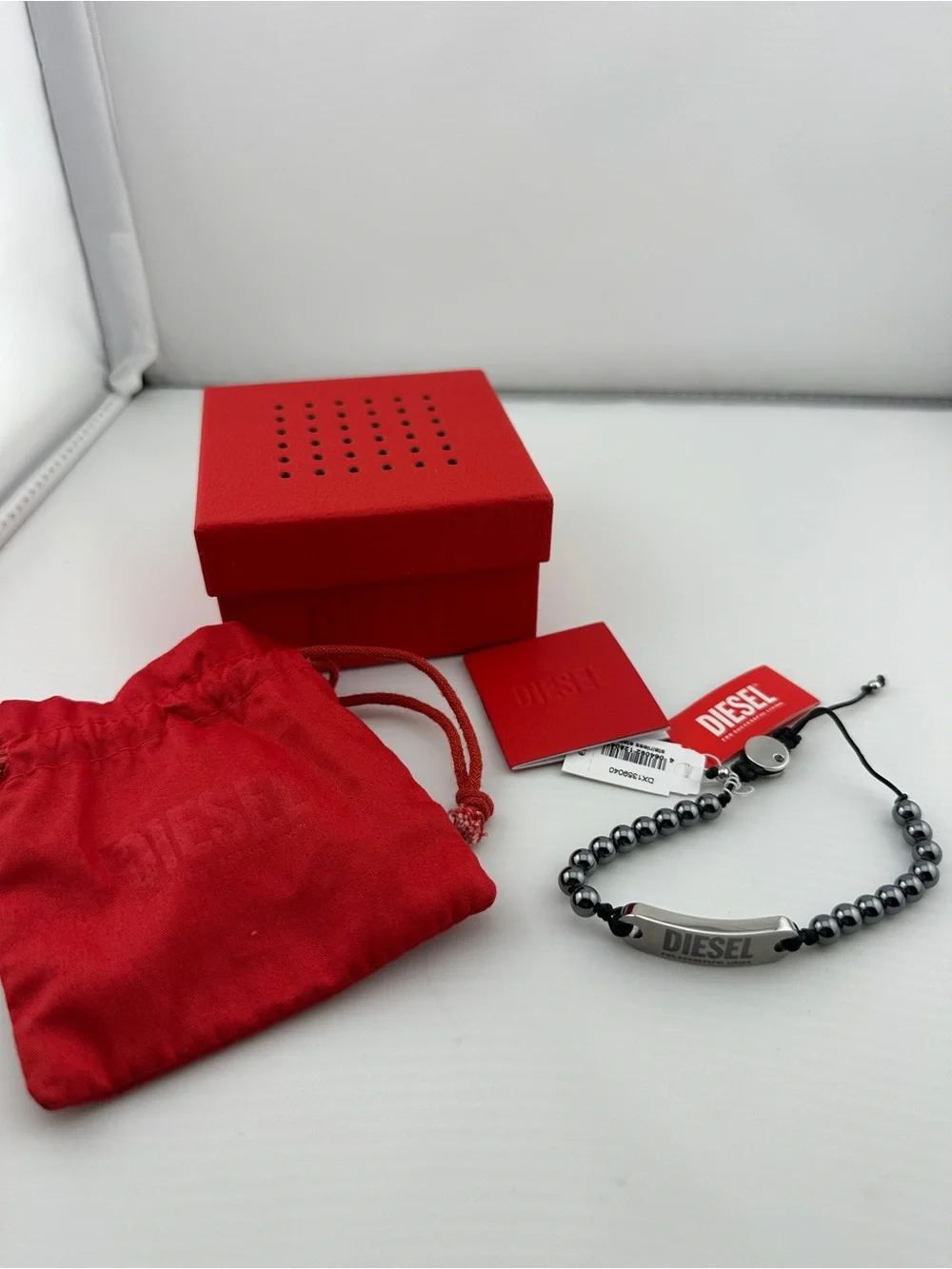 Diesel Hematite Beaded Logo Bracelet with Silver Plate